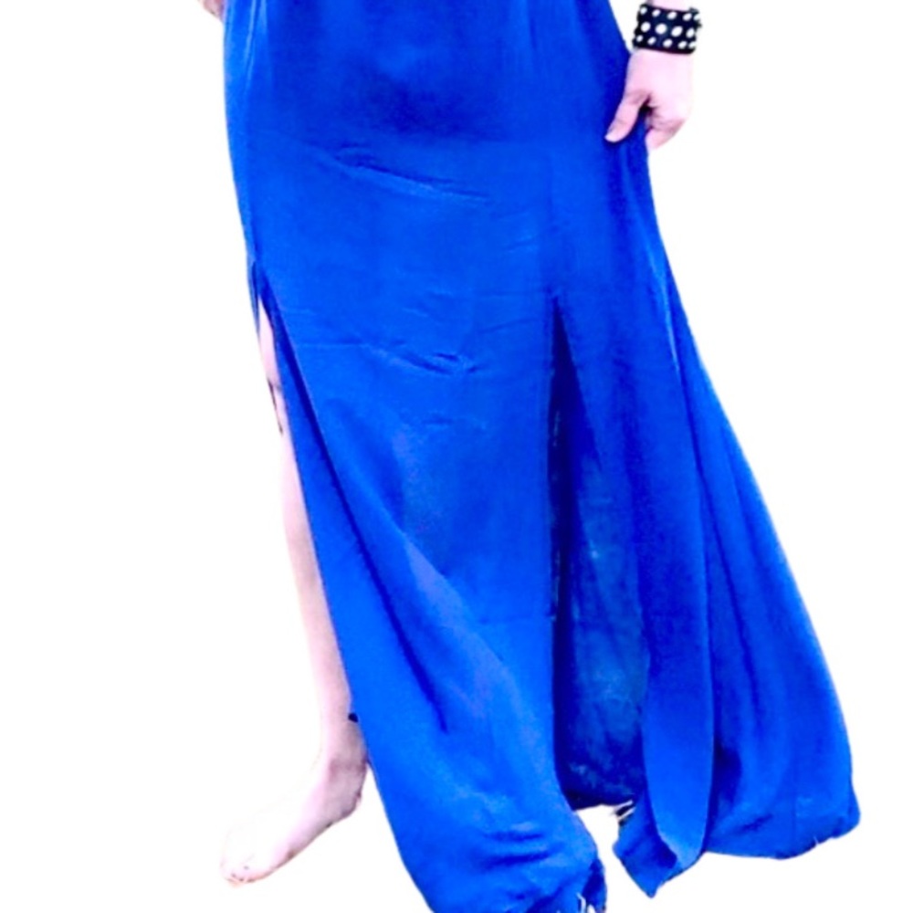 Royal Cobalt Blue Lace Chiffon Double Slit Maxi Dress - Picture 4 of 10